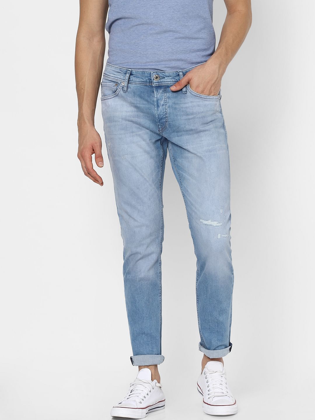 Blue Low Rise Organic Cotton Torn Slim Fit Jeans