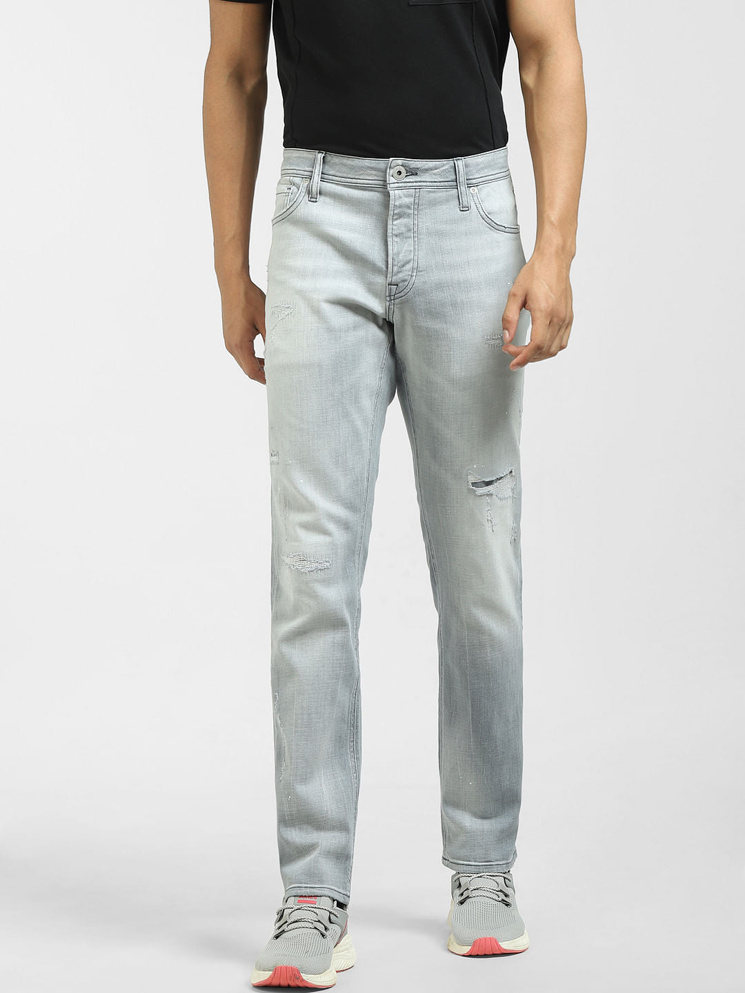 Grey Low Rise Distressed Tim Regular Jeans