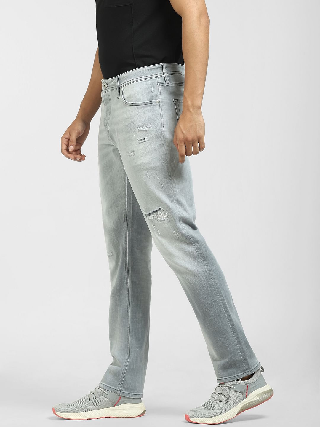 Grey Low Rise Distressed Tim Regular Jeans