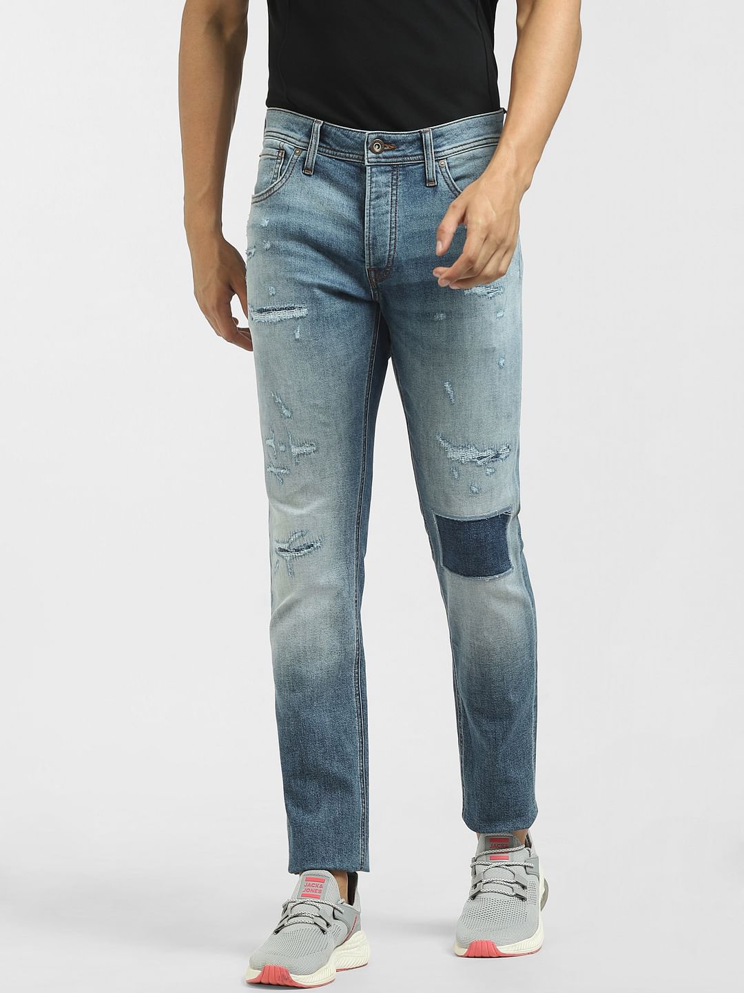 Blue Low Rise Patchwork Glenn Slim Jeans