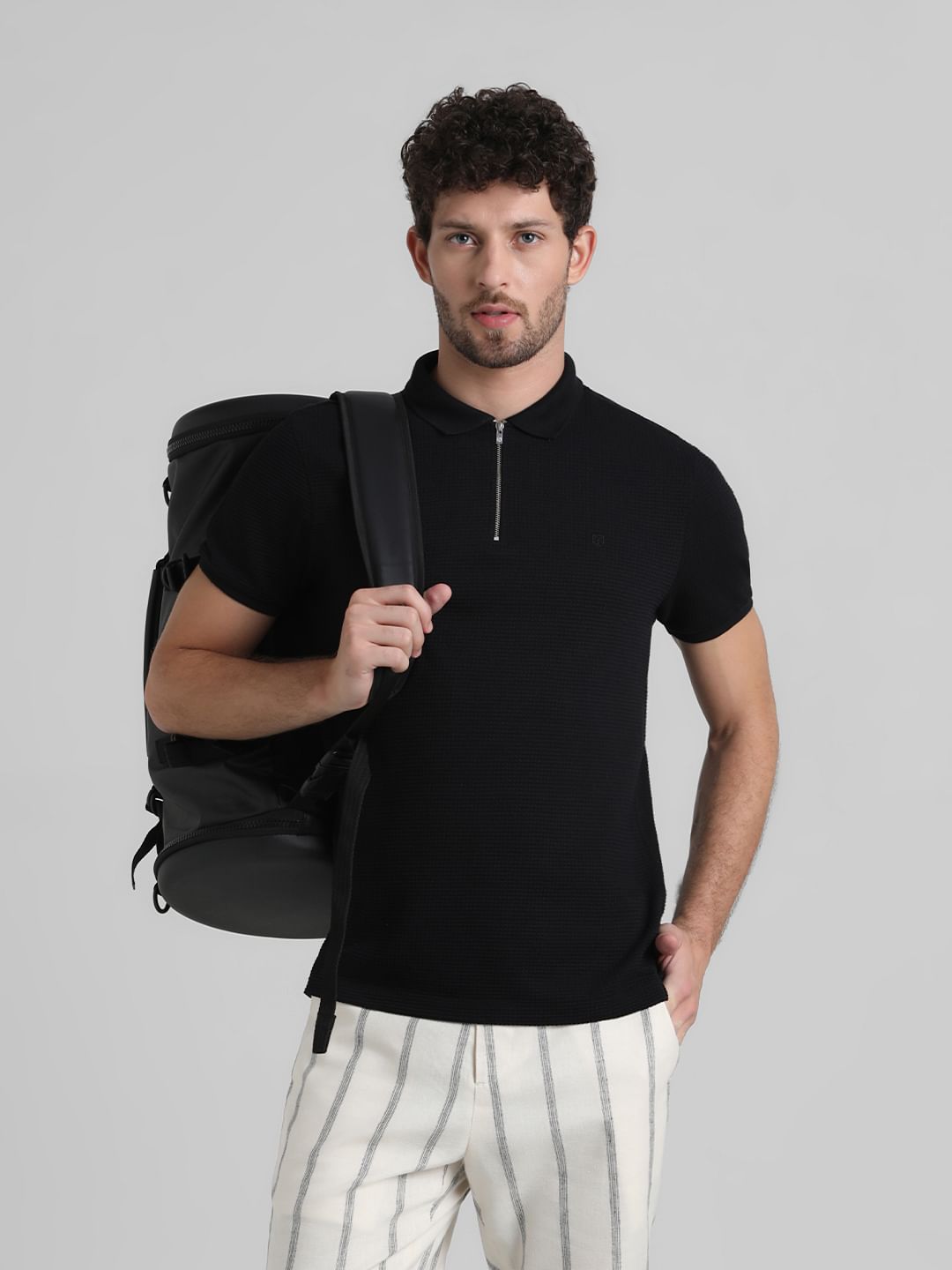 Black Zip-Up Jacquard Polo T-shirt - L