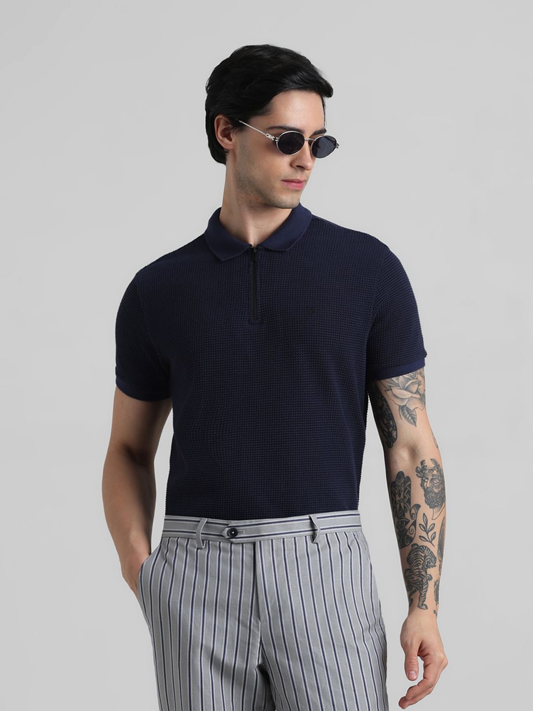 Dark Blue Zip-Up Jacquard Polo T-shirt - S