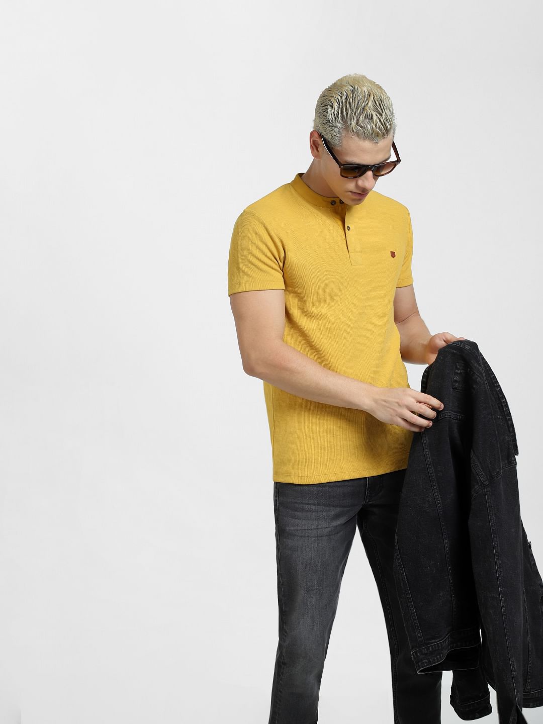 Yellow Cotton Henley T-shirt - S