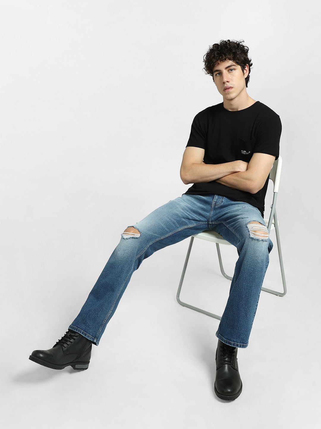 Blue High Rise Distressed Bootcut Jeans - 28/30