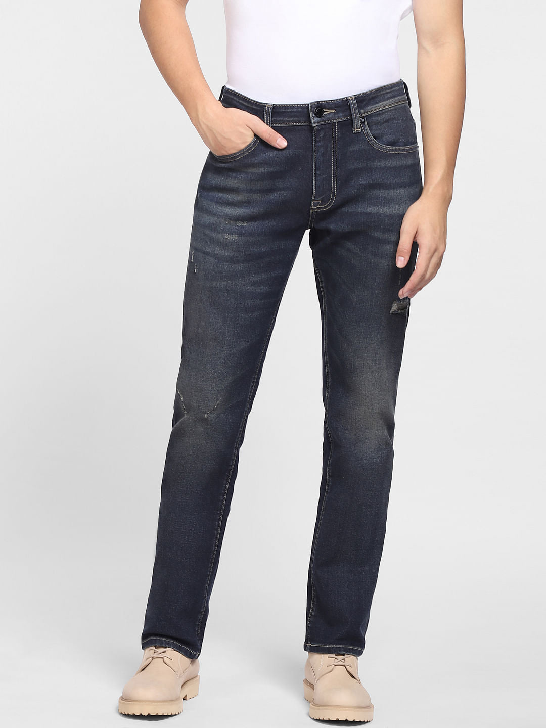 Dark Blue Mid Rise Distressed Regular Fit Jeans