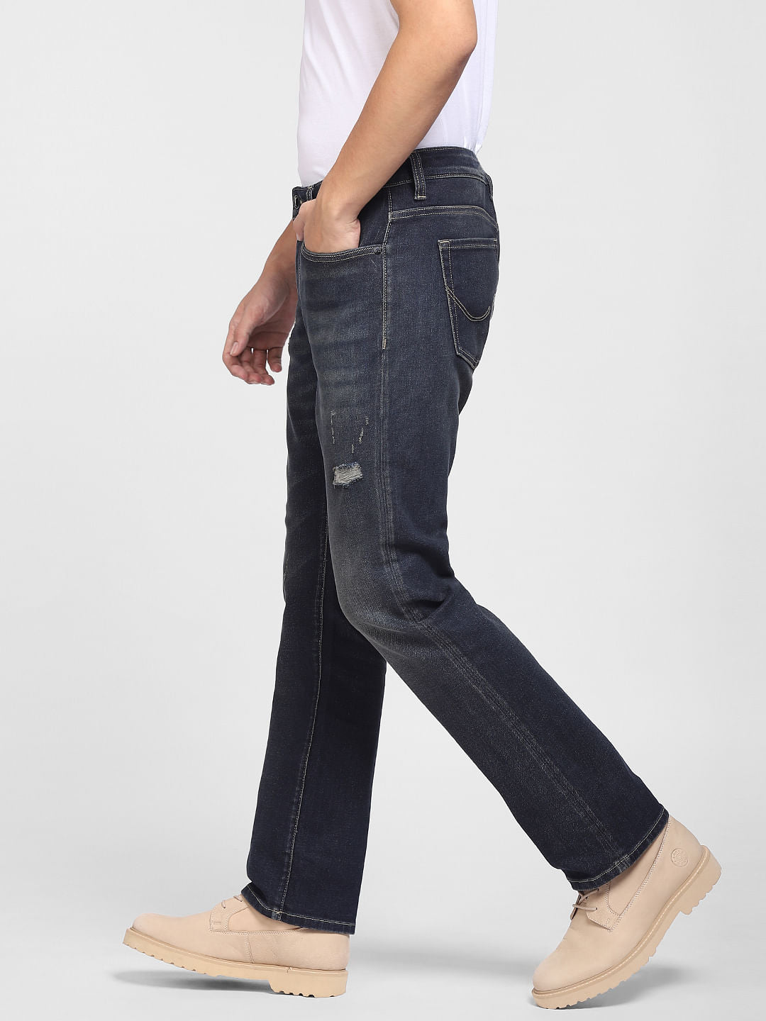 Dark Blue Mid Rise Distressed Regular Fit Jeans
