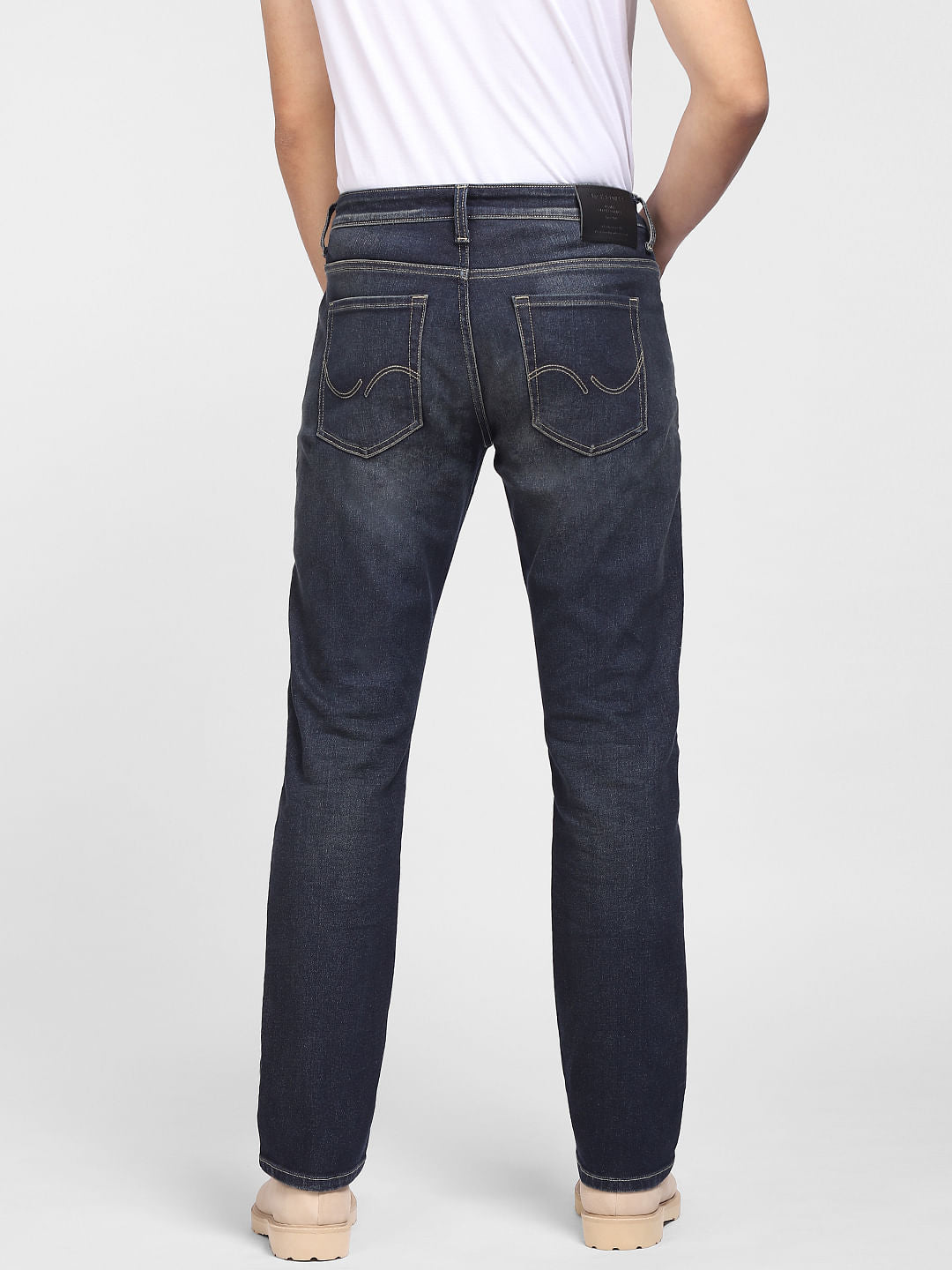 Dark Blue Mid Rise Distressed Regular Fit Jeans