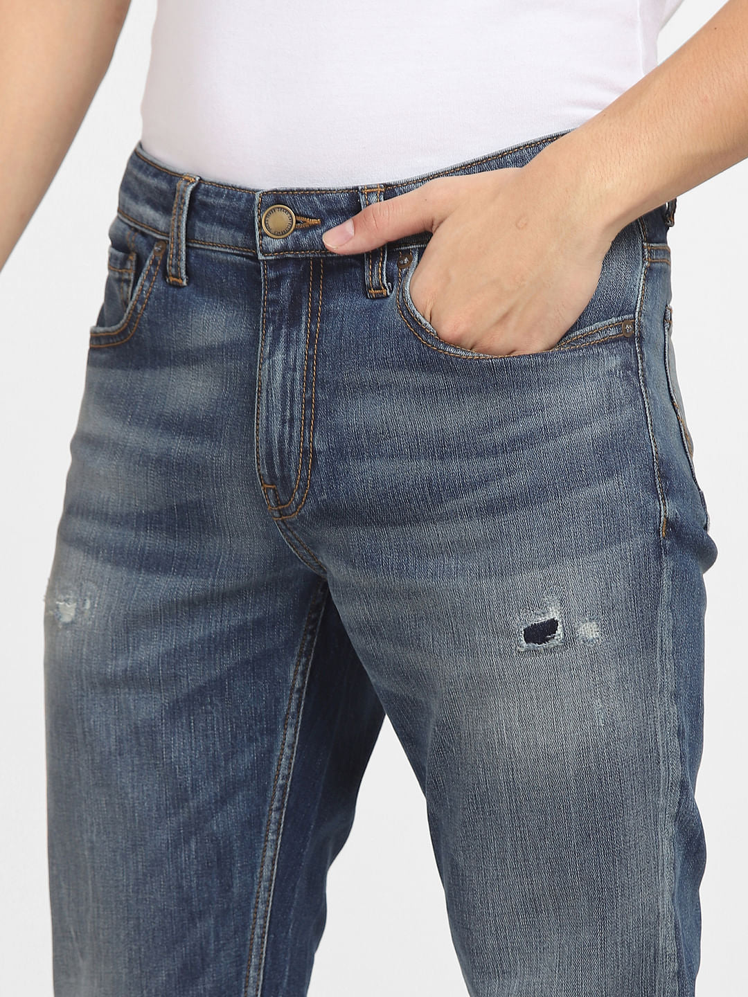 Blue Low Rise Distressed Glenn Slim Jeans