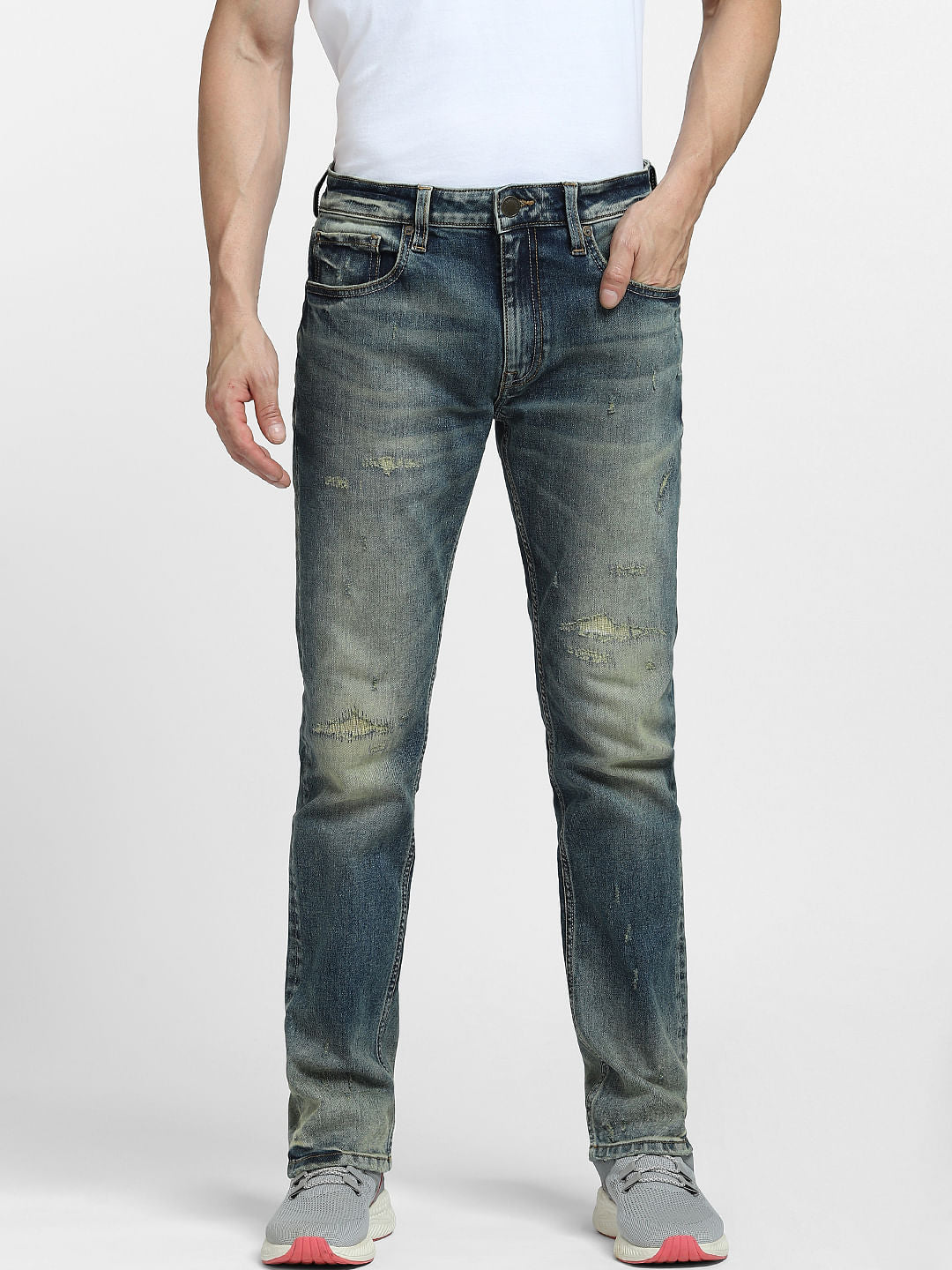 Blue Low Rise Distressed Tim Slim Jeans