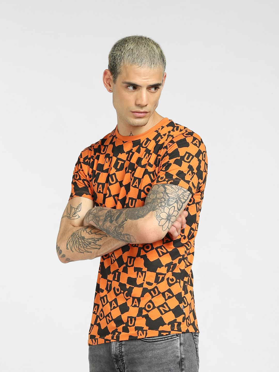 Orange All Over Print Crew Neck T-shirt