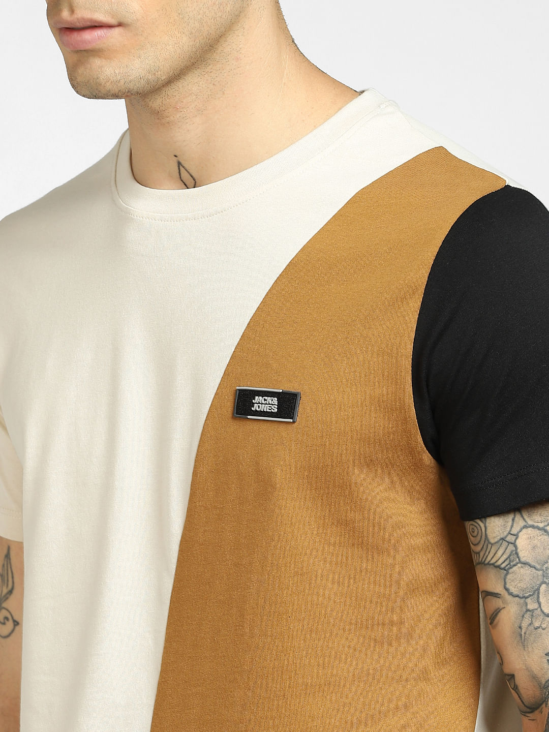 Brown Colourblocked Crew Neck T-shirt