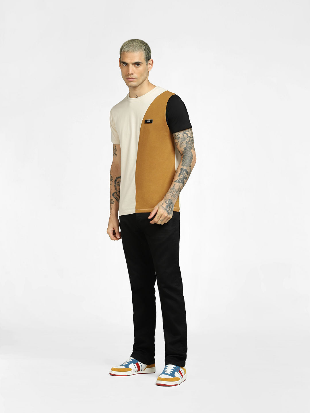 Brown Colourblocked Crew Neck T-shirt