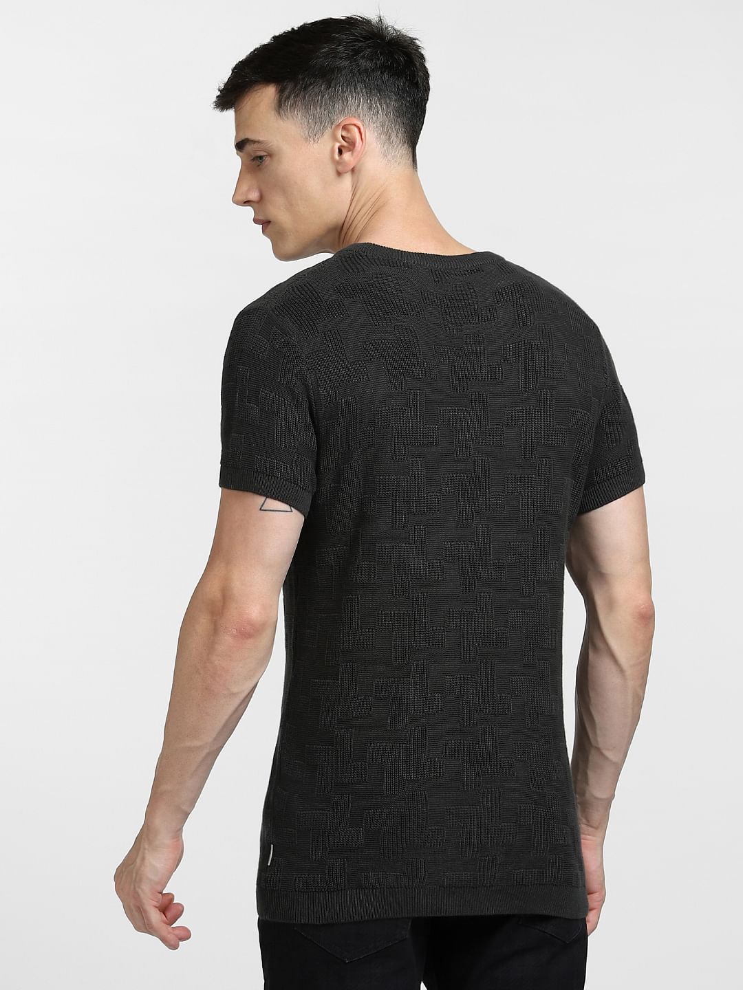 BLACK KNIT CREW NECK T-SHIRT