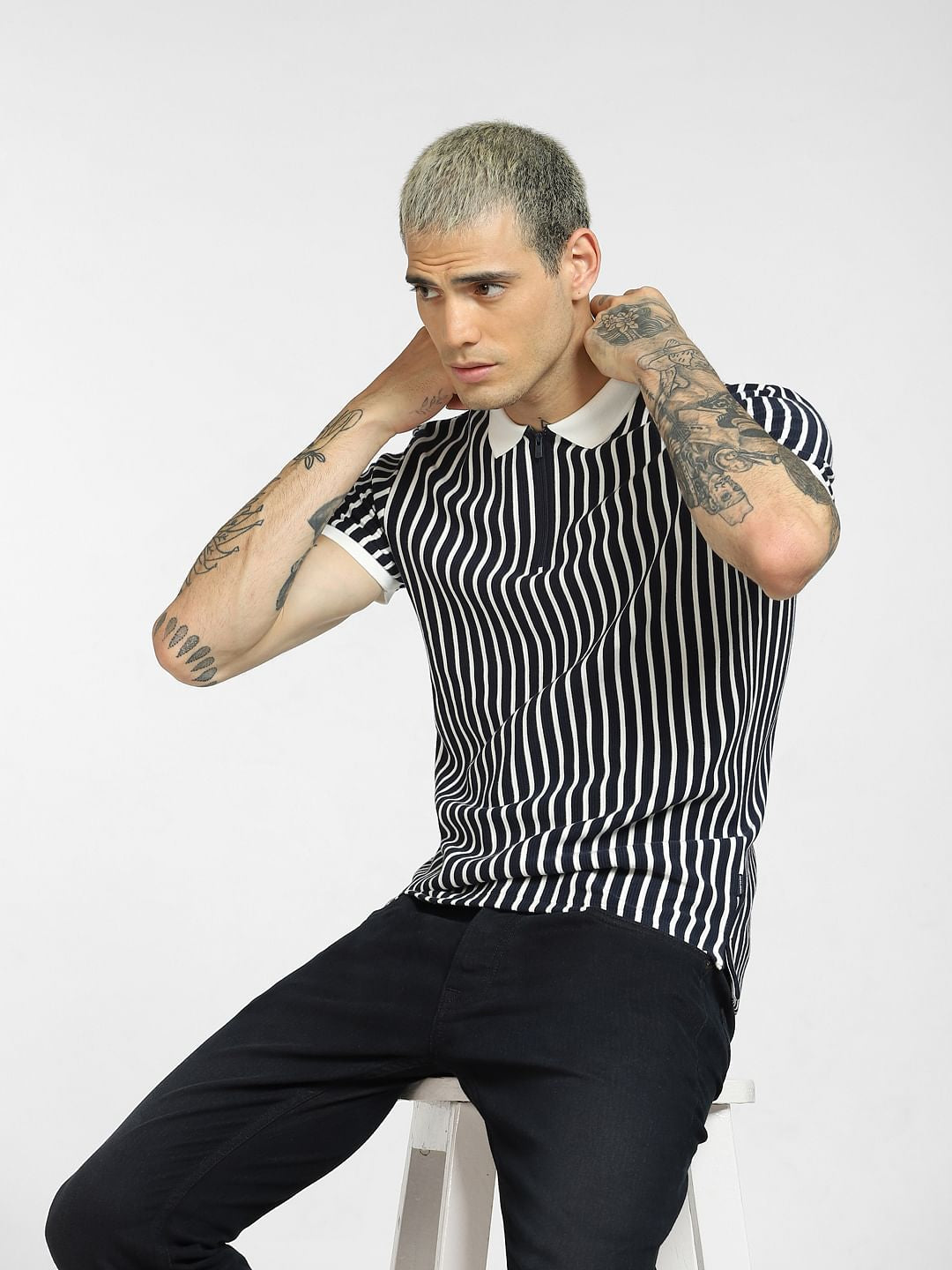Navy Blue Striped Polo Neck T-shirt - S