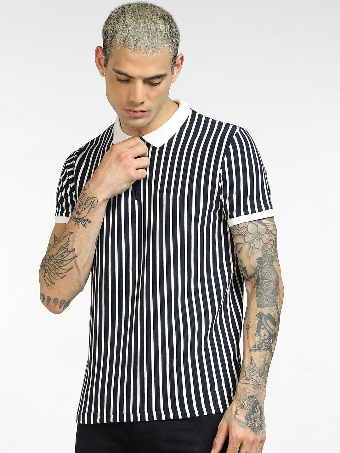 Navy Blue Striped Polo Neck T-shirt