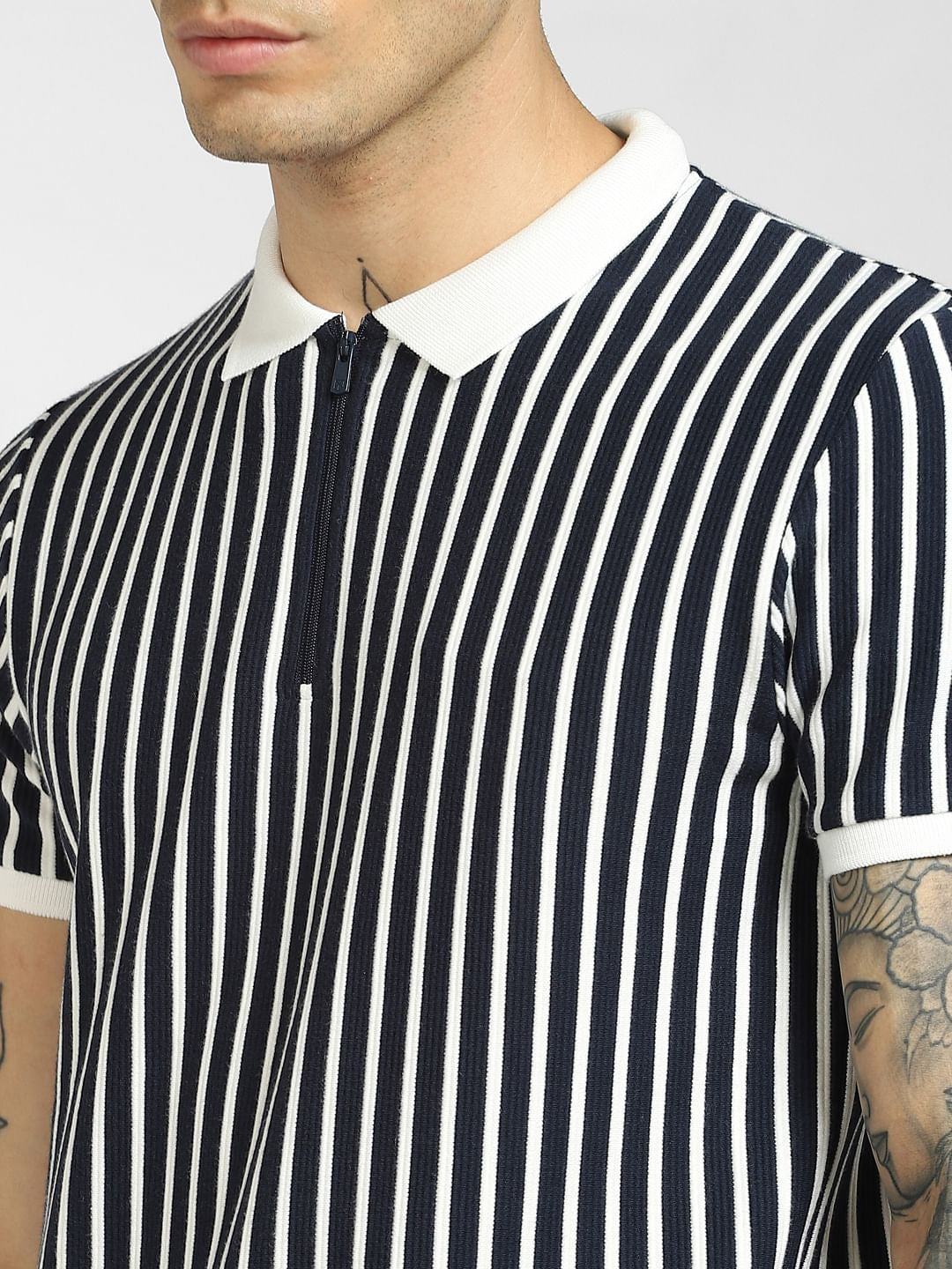 Navy Blue Striped Polo Neck T-shirt
