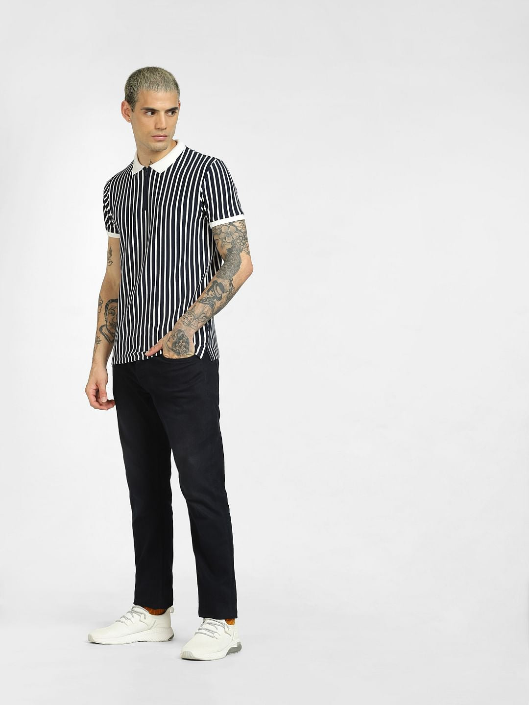 Navy Blue Striped Polo Neck T-shirt
