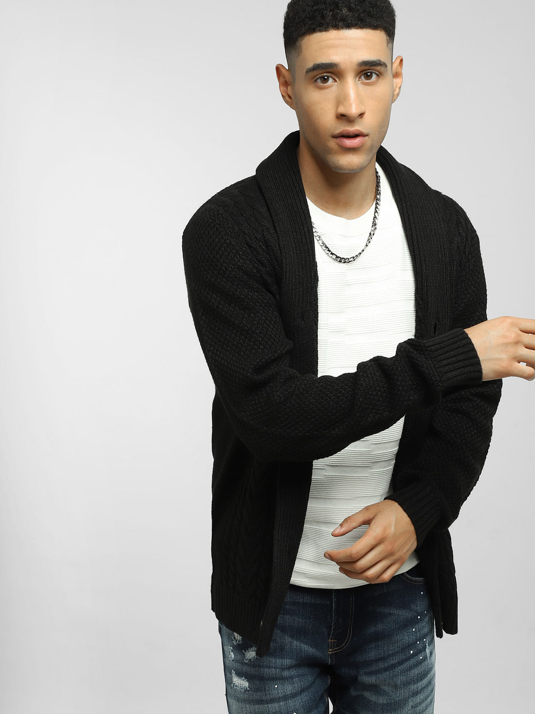 White Textured Knitted T-shirt - S