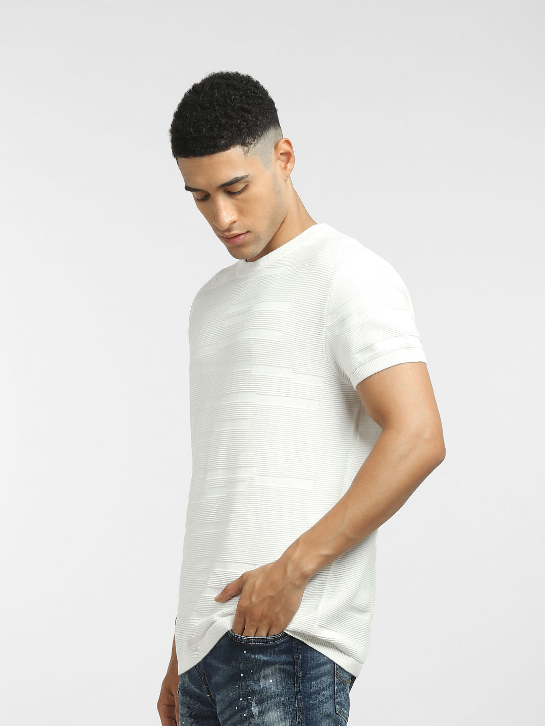 White Textured Knitted T-shirt