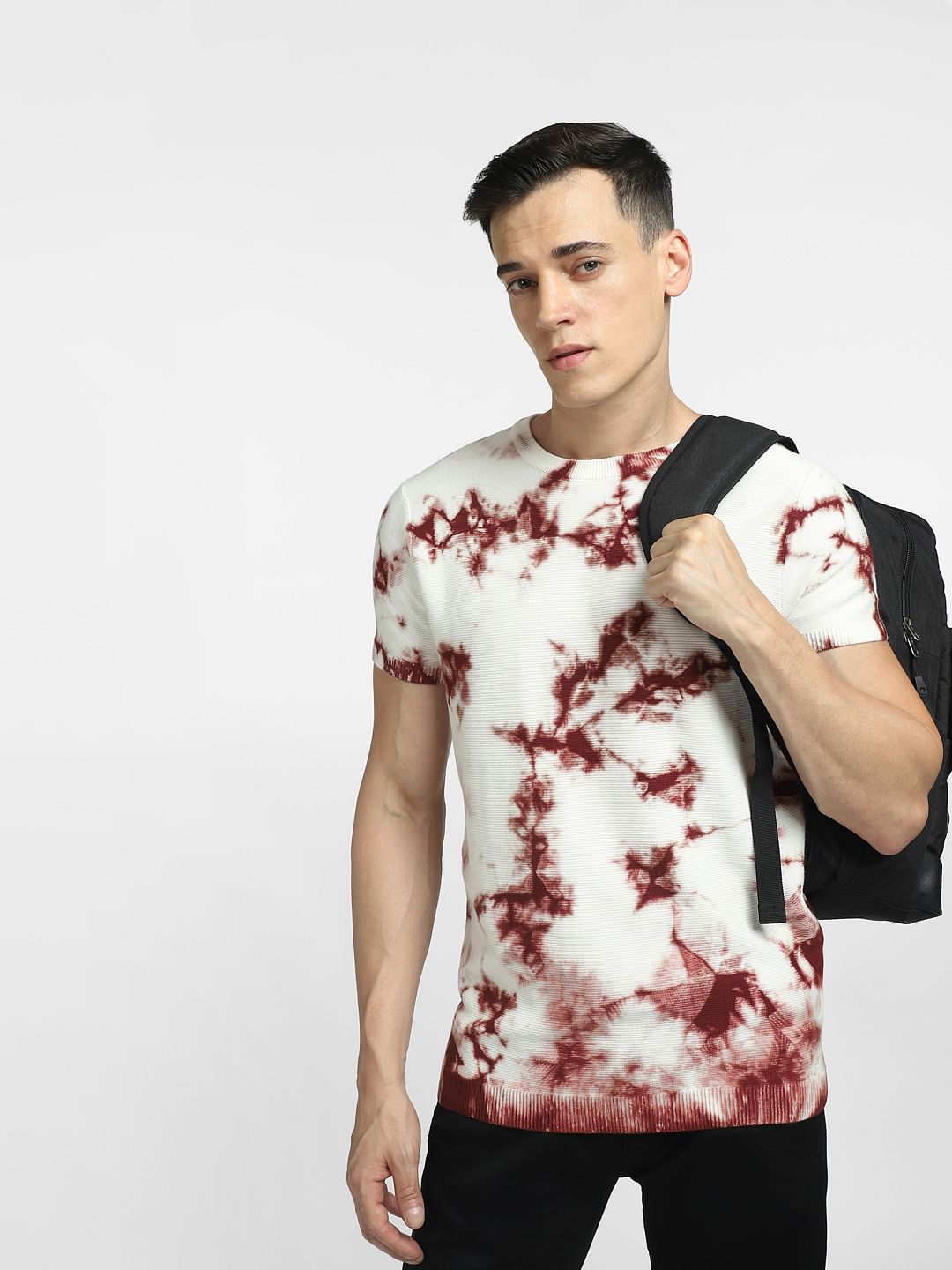 BROWN TIE DYE KNIT CREW NECK T-SHIRT - S