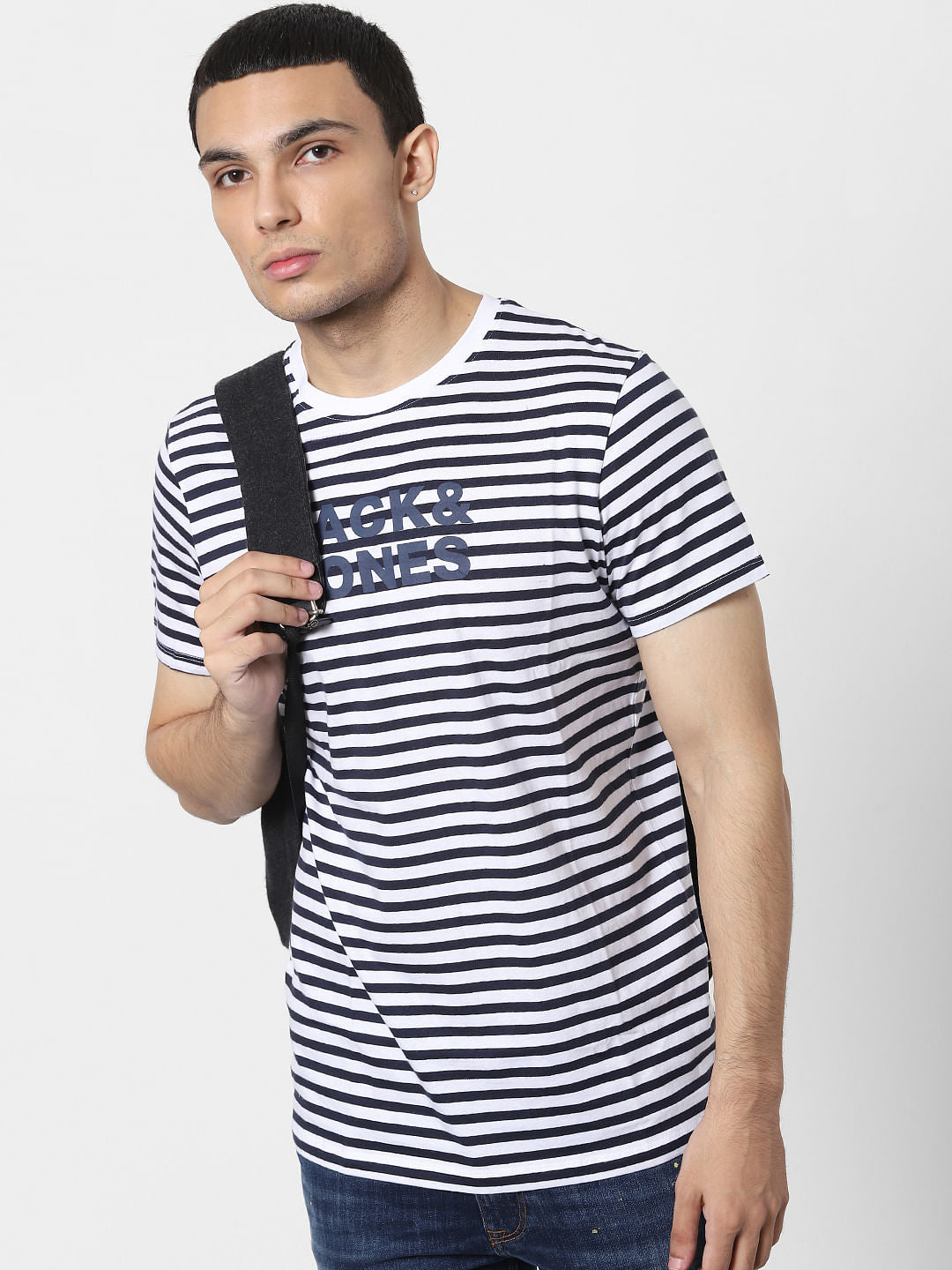 Navy Blue Striped Crew Neck T-shirt - S