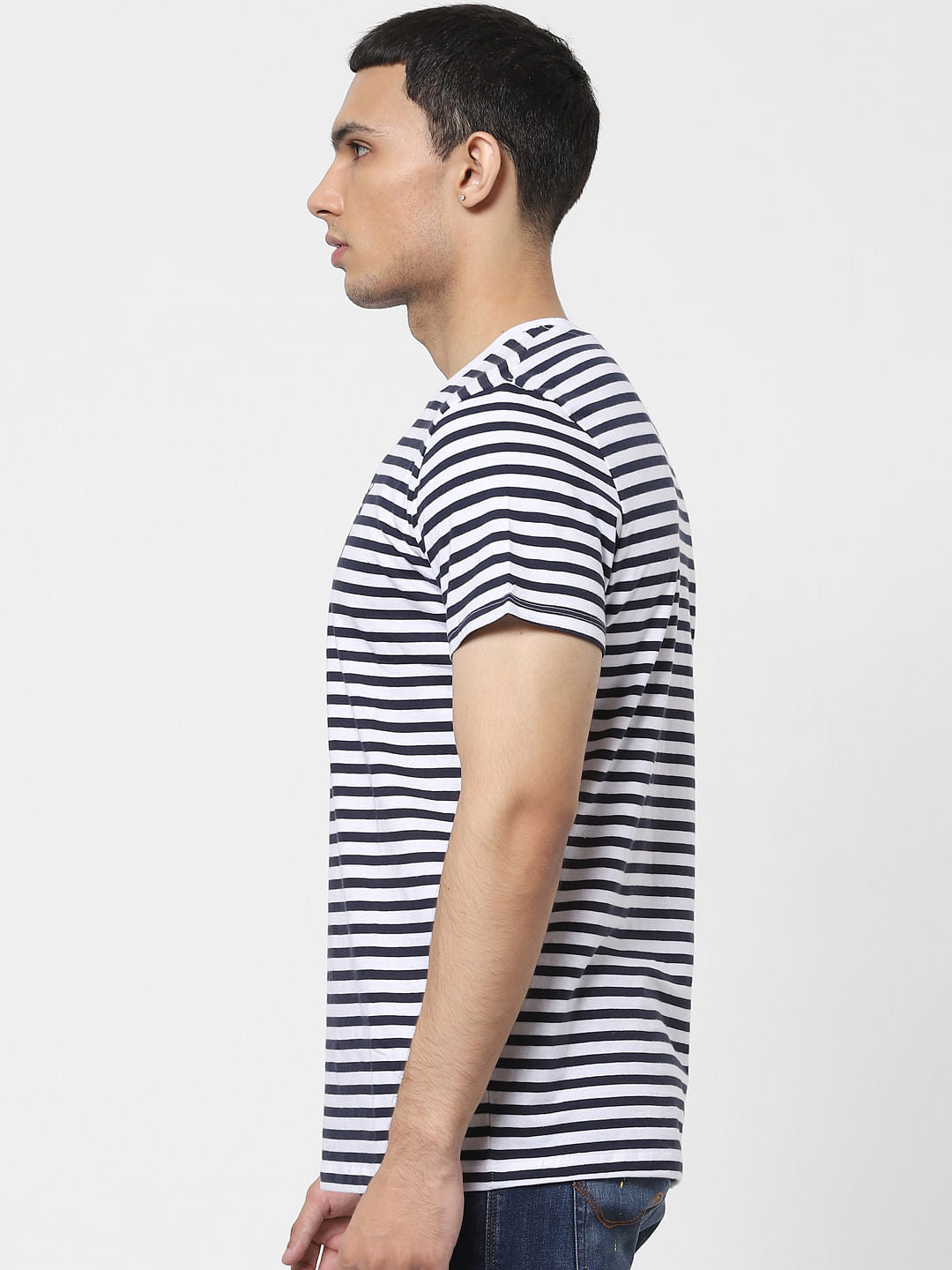 Navy Blue Striped Crew Neck T-shirt