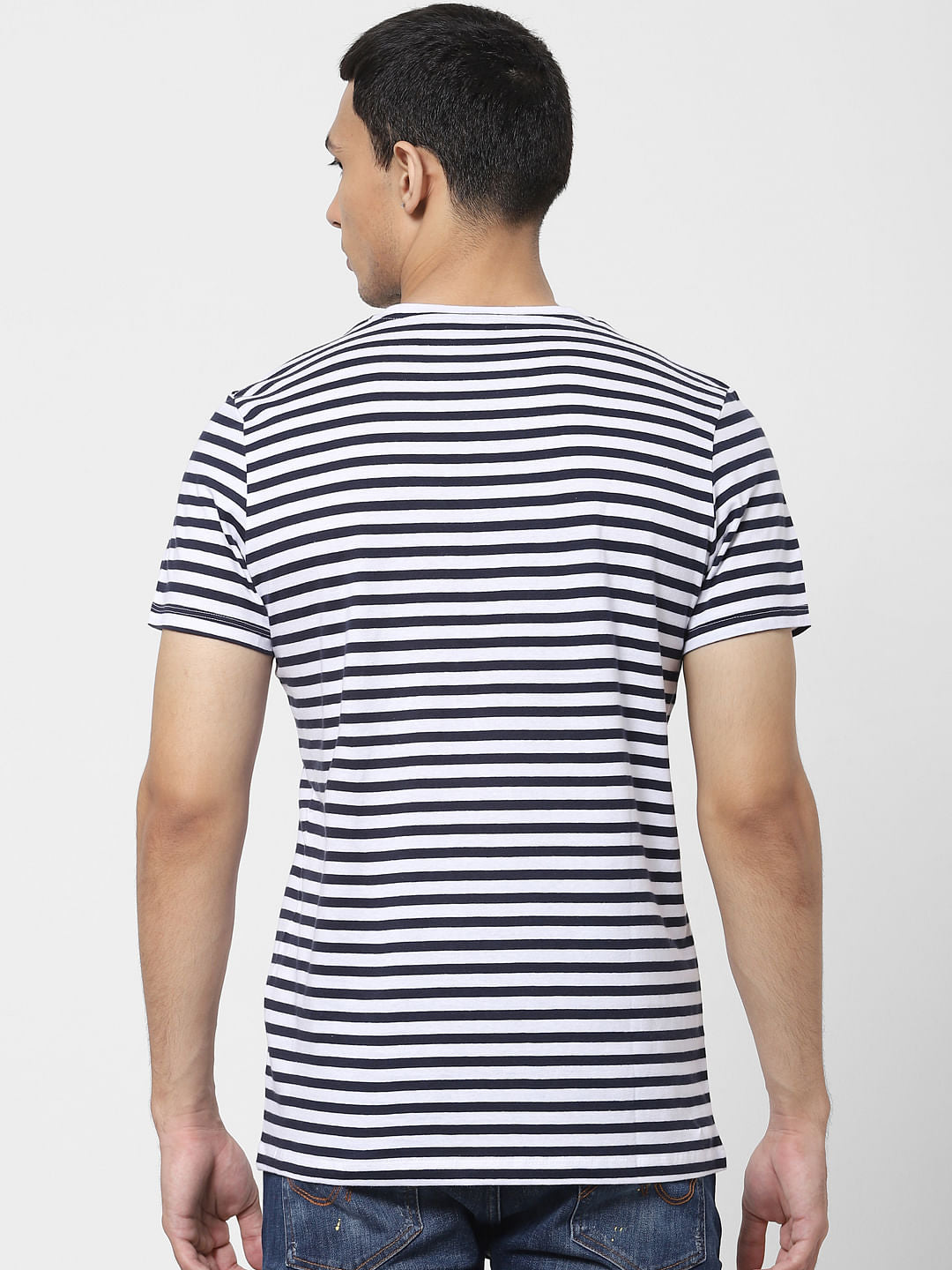 Navy Blue Striped Crew Neck T-shirt