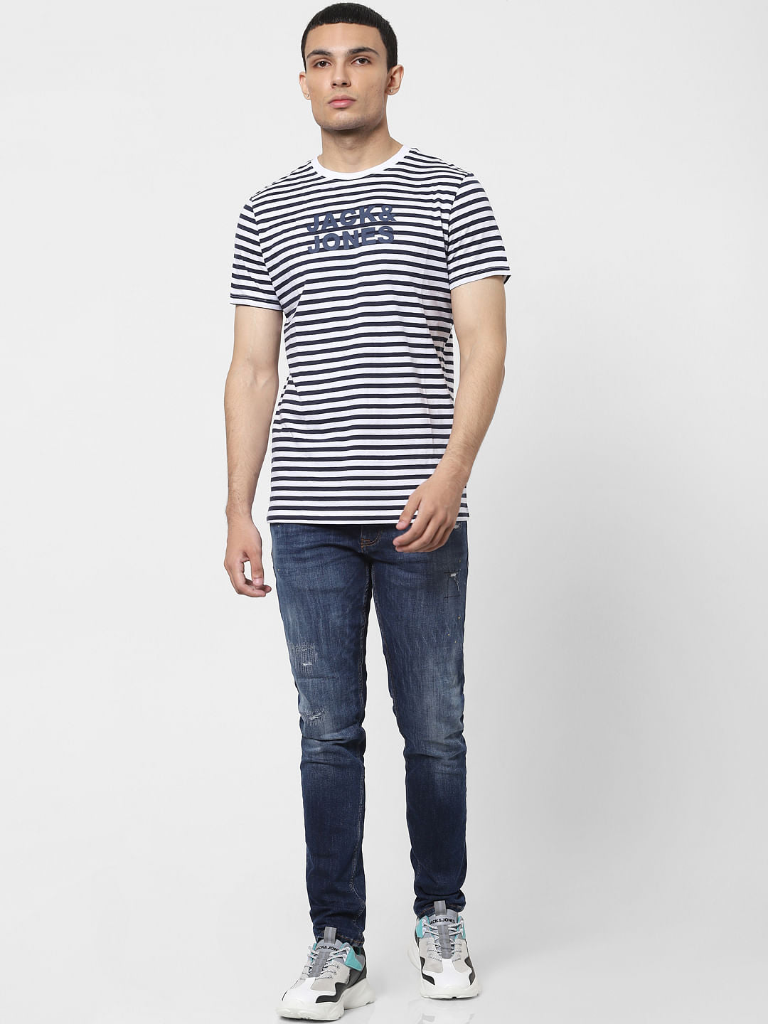 Navy Blue Striped Crew Neck T-shirt