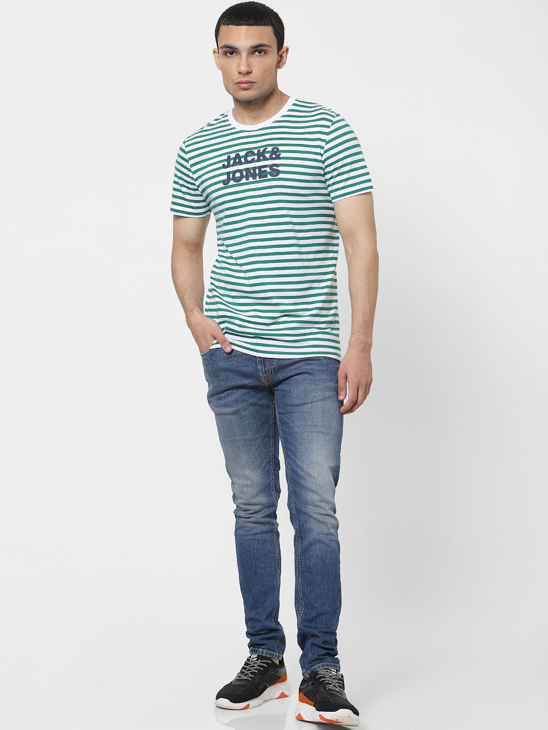 Green Striped Crew Neck T-shirt