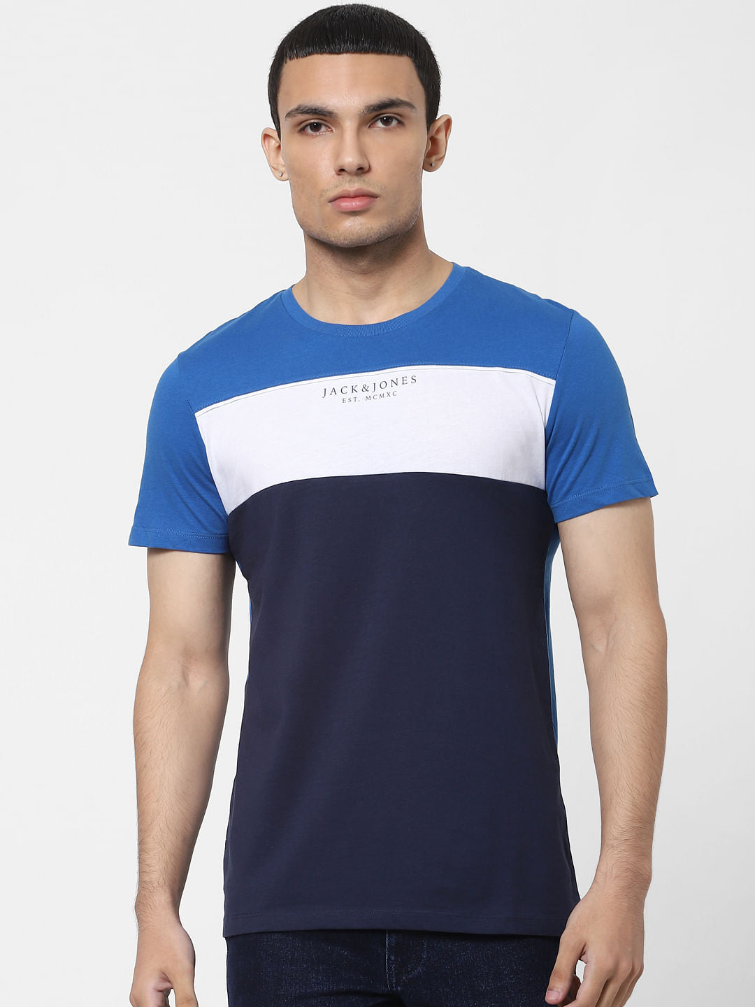 Blue Colourblocked Crew Neck T-shirt