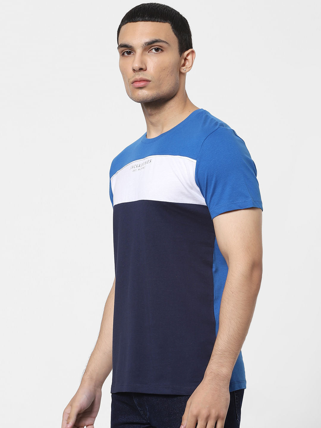 Blue Colourblocked Crew Neck T-shirt