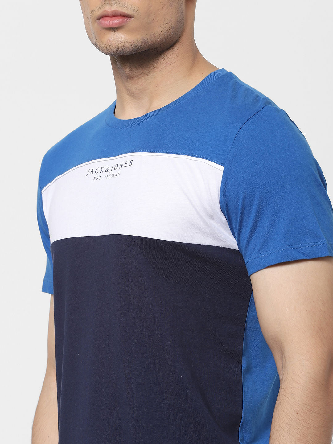 Blue Colourblocked Crew Neck T-shirt