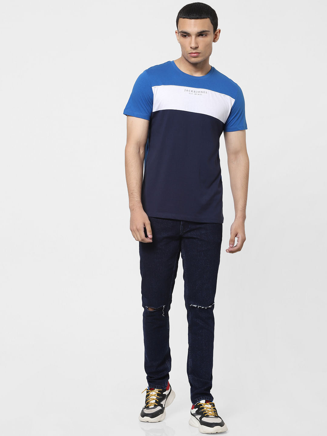 Blue Colourblocked Crew Neck T-shirt