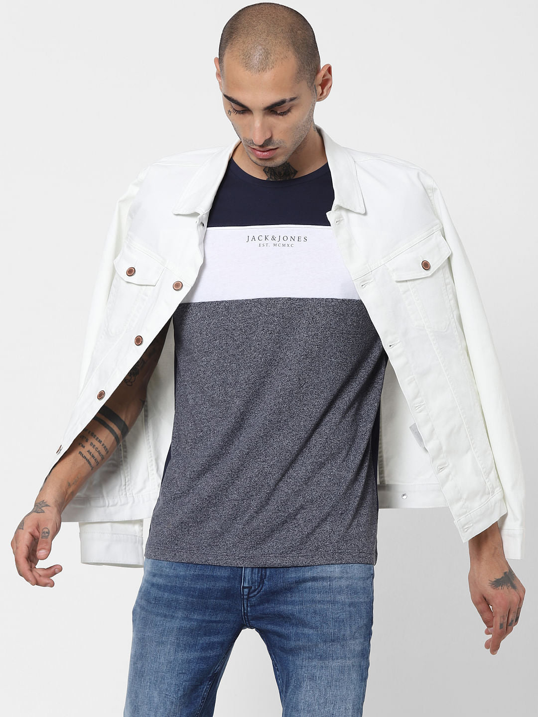 Blue Colourblocked Crew Neck T-shirt