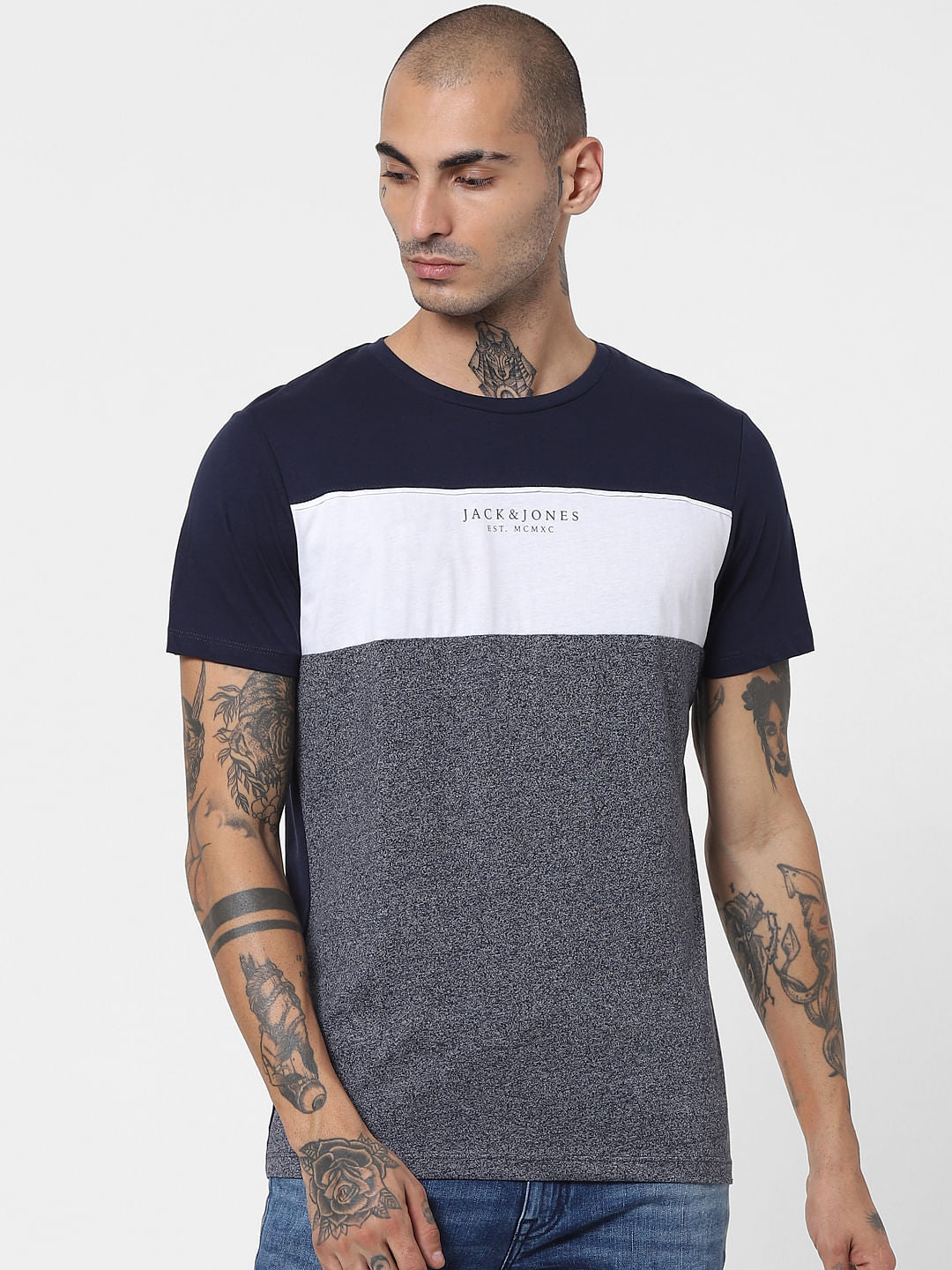 Blue Colourblocked Crew Neck T-shirt
