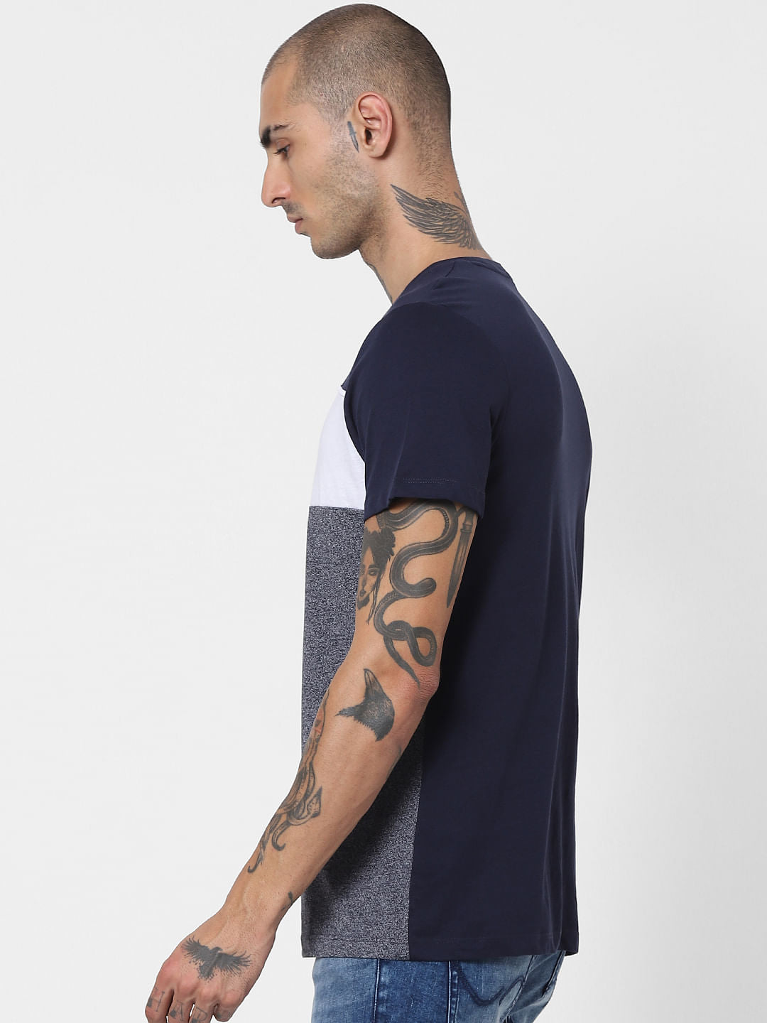 Blue Colourblocked Crew Neck T-shirt
