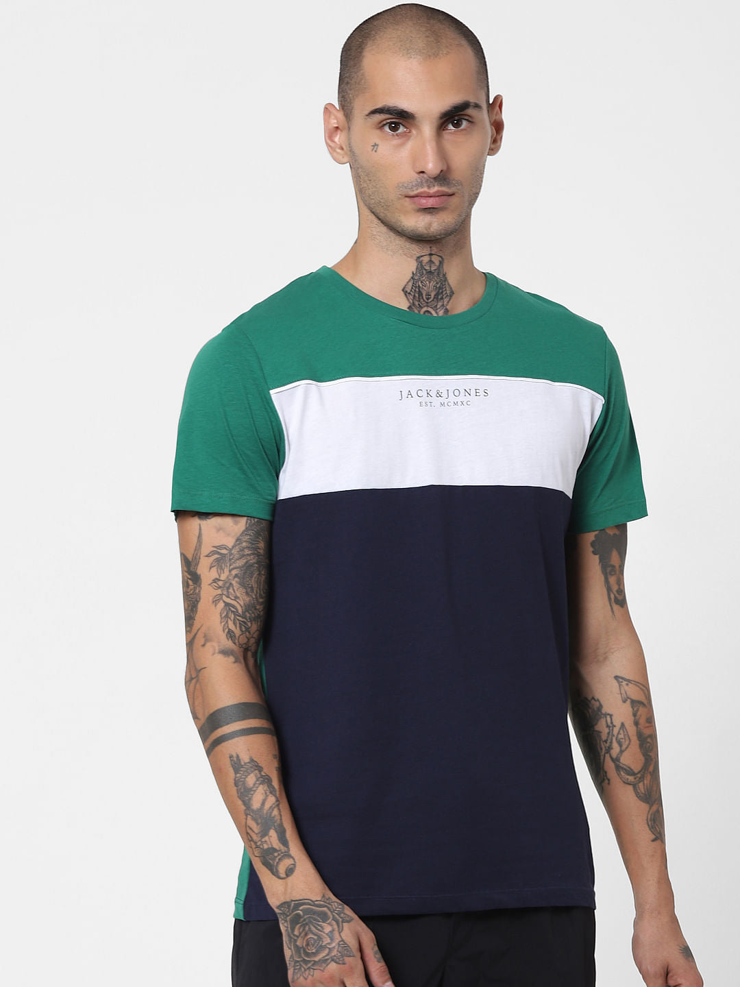 Green Colourblocked Crew Neck T-shirt
