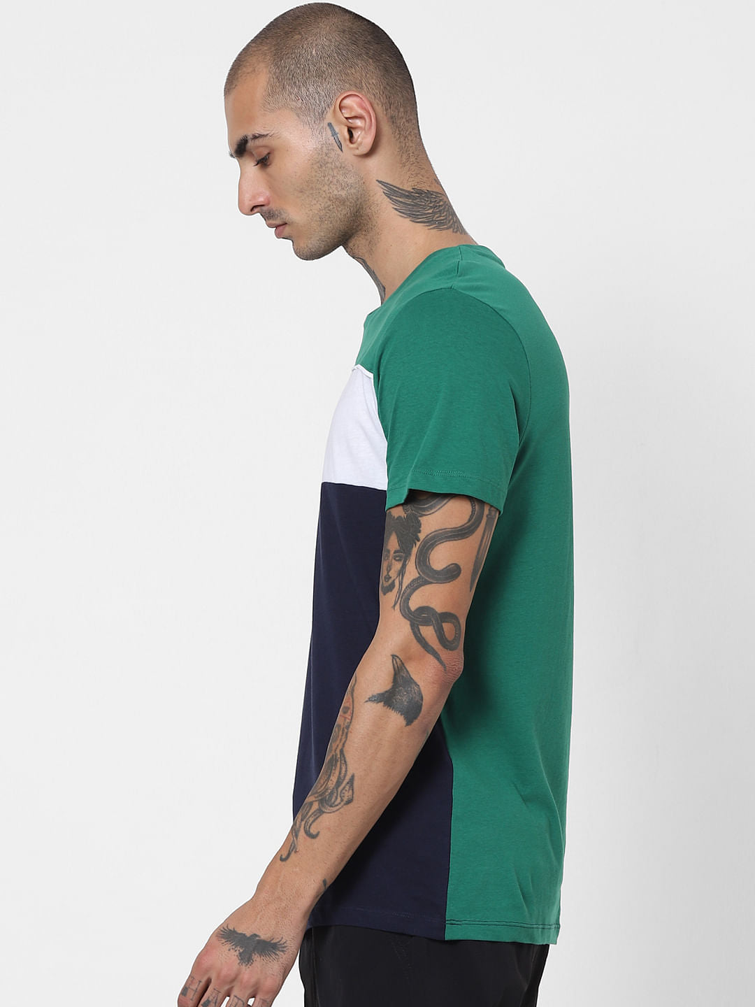Green Colourblocked Crew Neck T-shirt