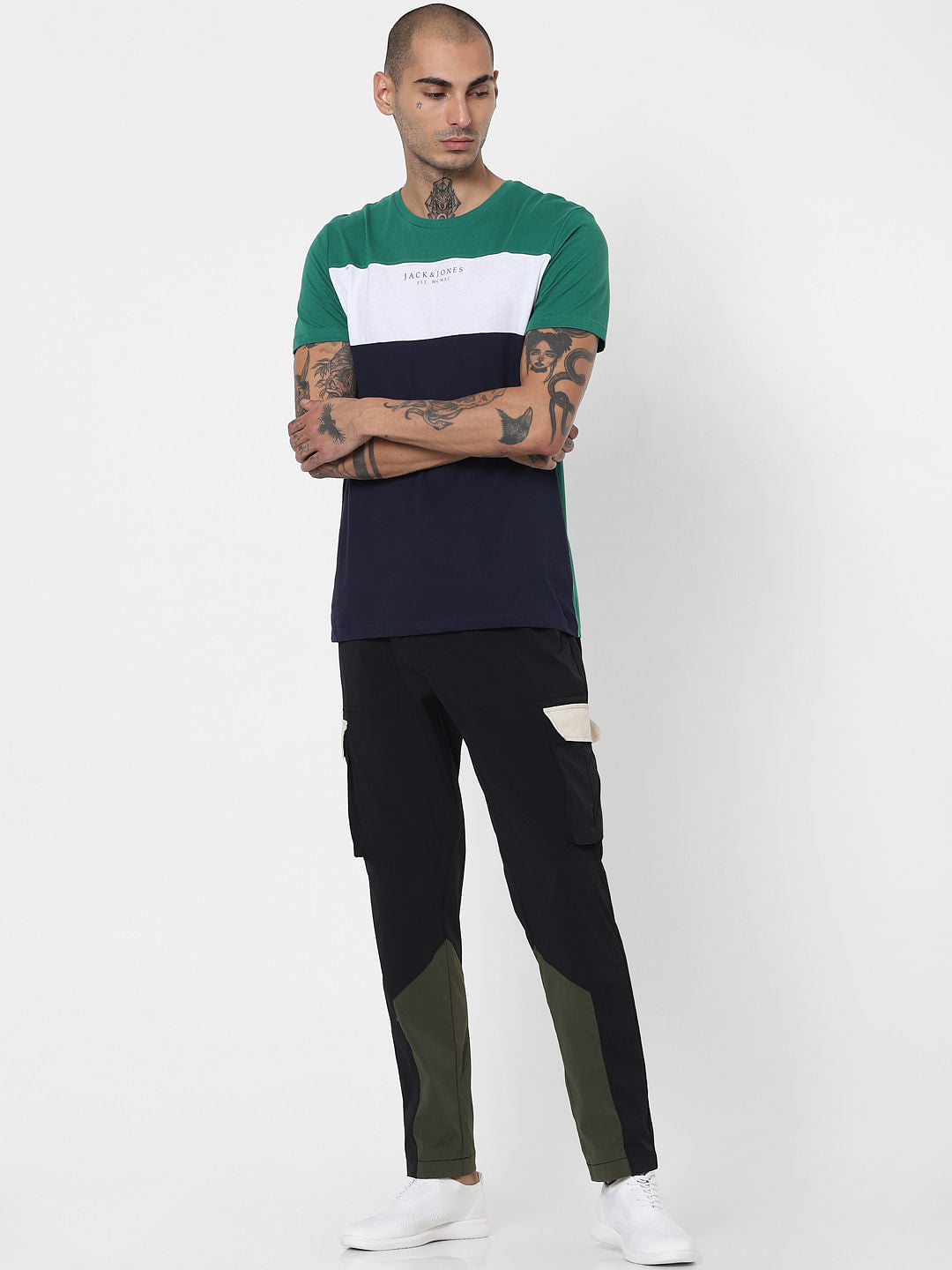 Green Colourblocked Crew Neck T-shirt