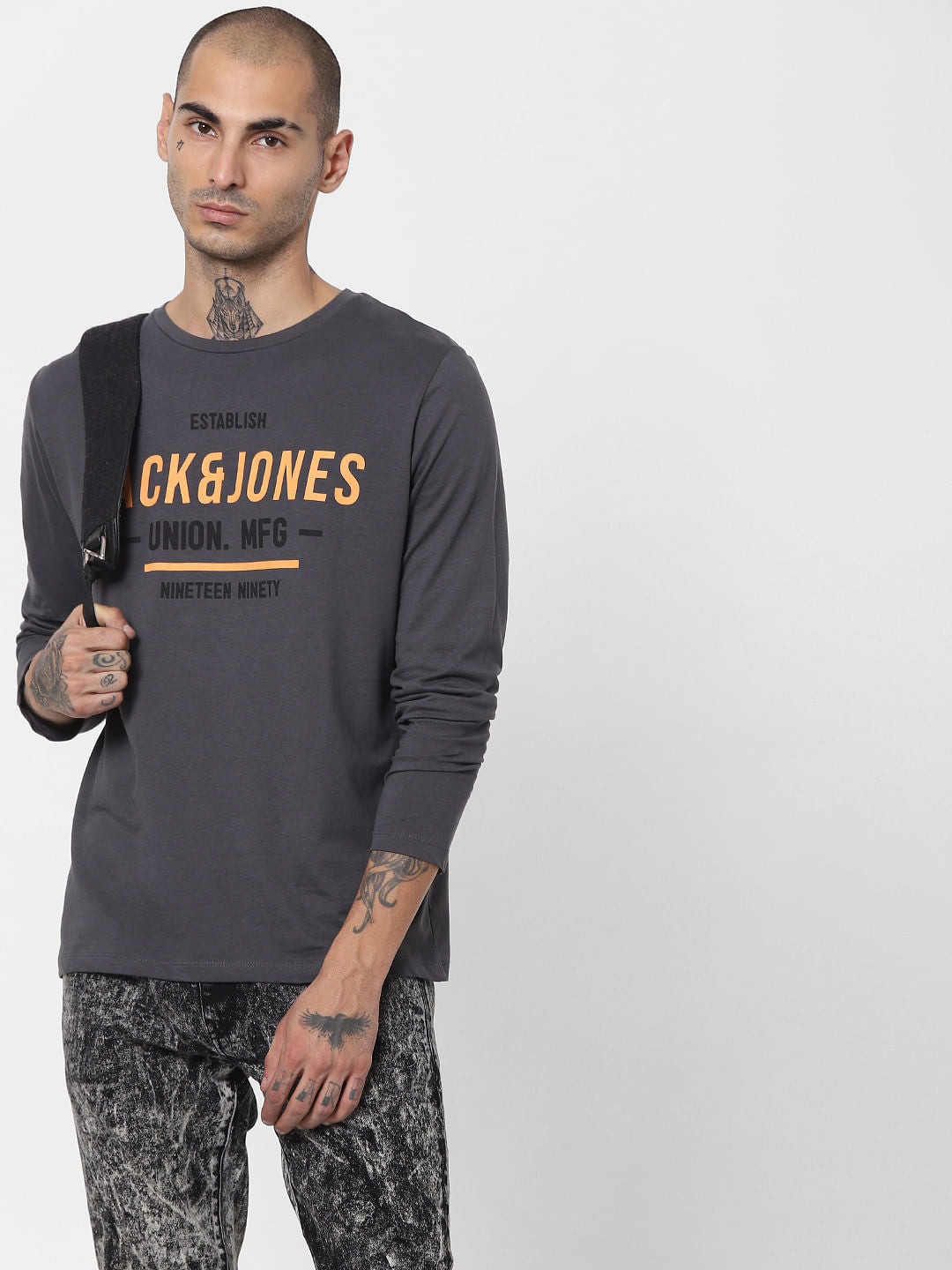 Grey Logo Print Full Sleeves Crew Neck T-shirt - S