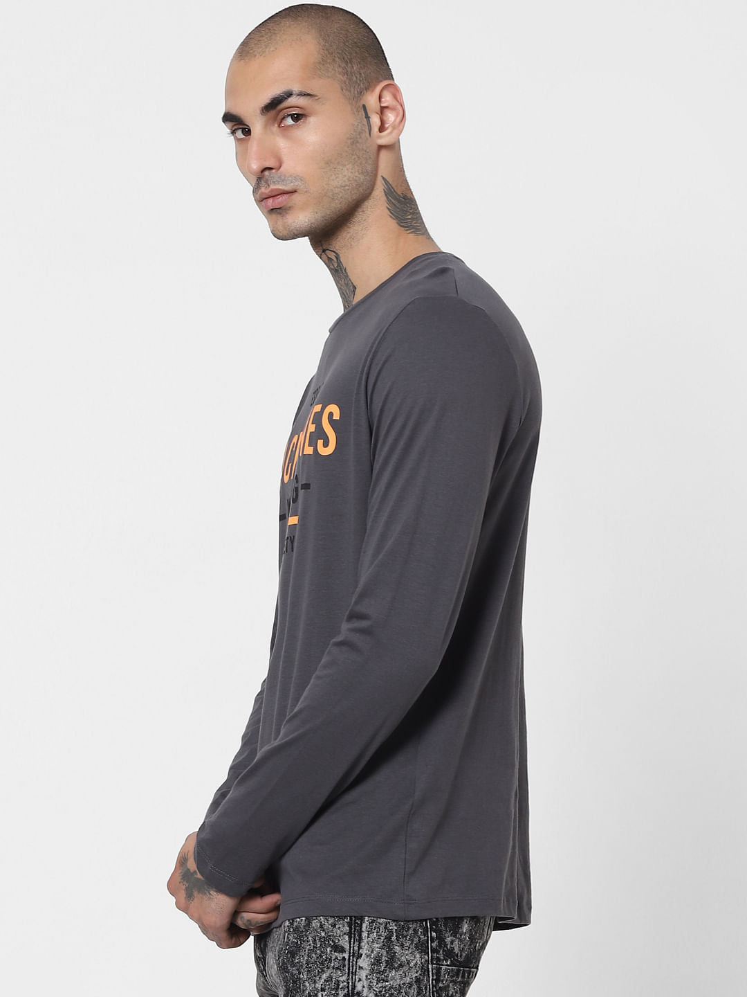 Grey Logo Print Full Sleeves Crew Neck T-shirt