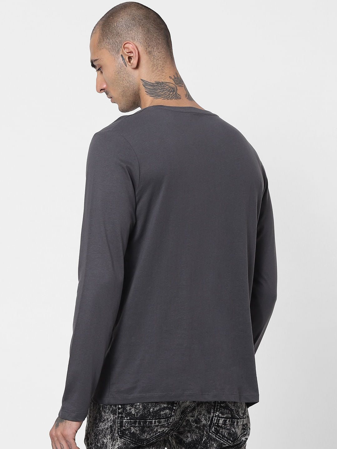 Grey Logo Print Full Sleeves Crew Neck T-shirt