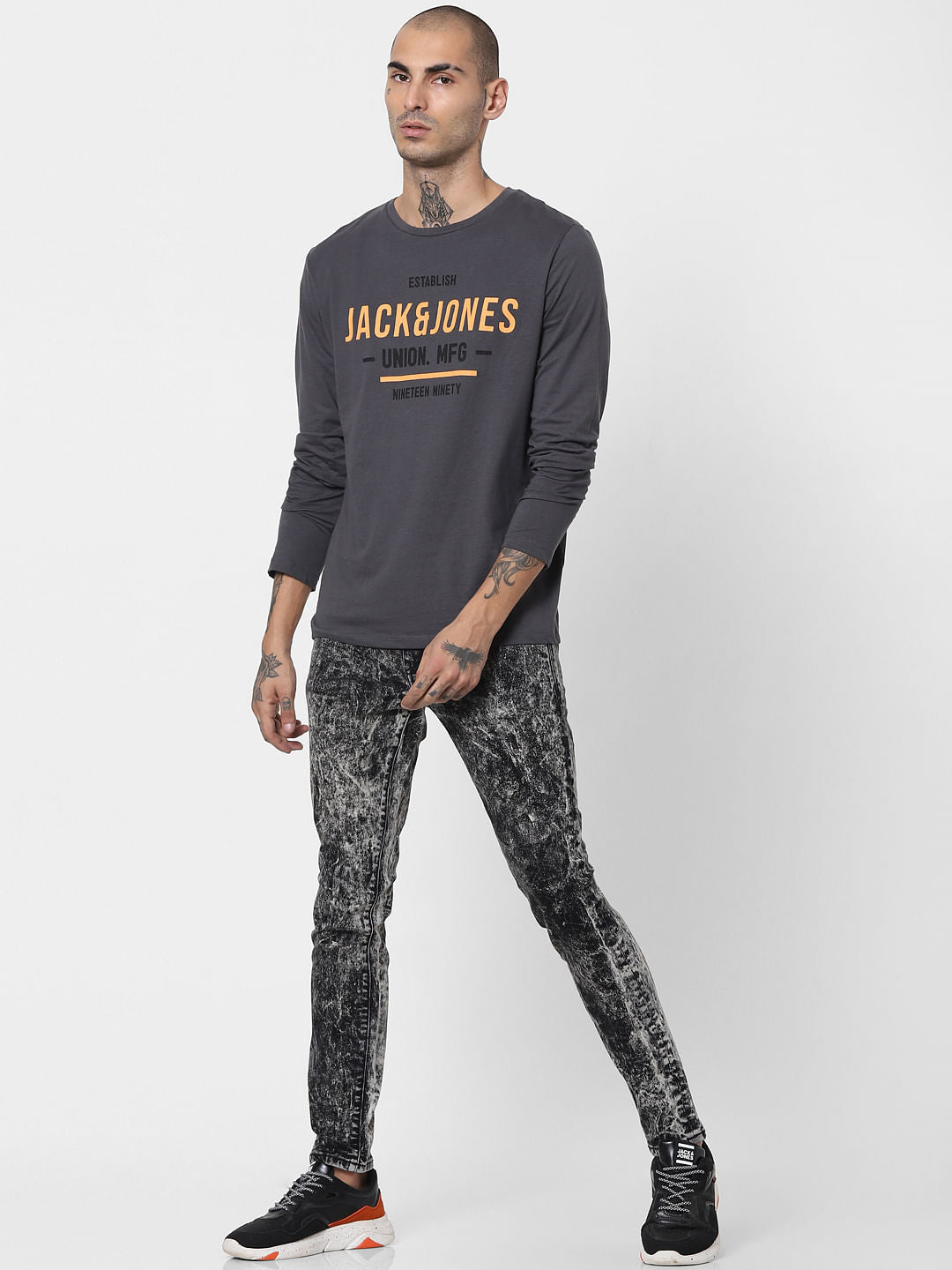 Grey Logo Print Full Sleeves Crew Neck T-shirt