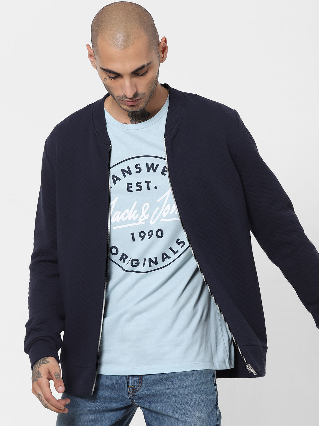Light Blue Logo Print Full Sleeves Crew Neck T-shirt - S