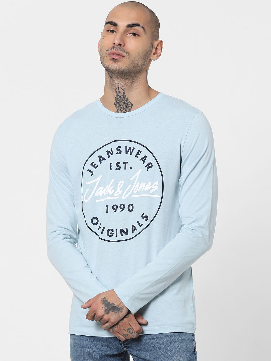 Light Blue Logo Print Full Sleeves Crew Neck T-shirt