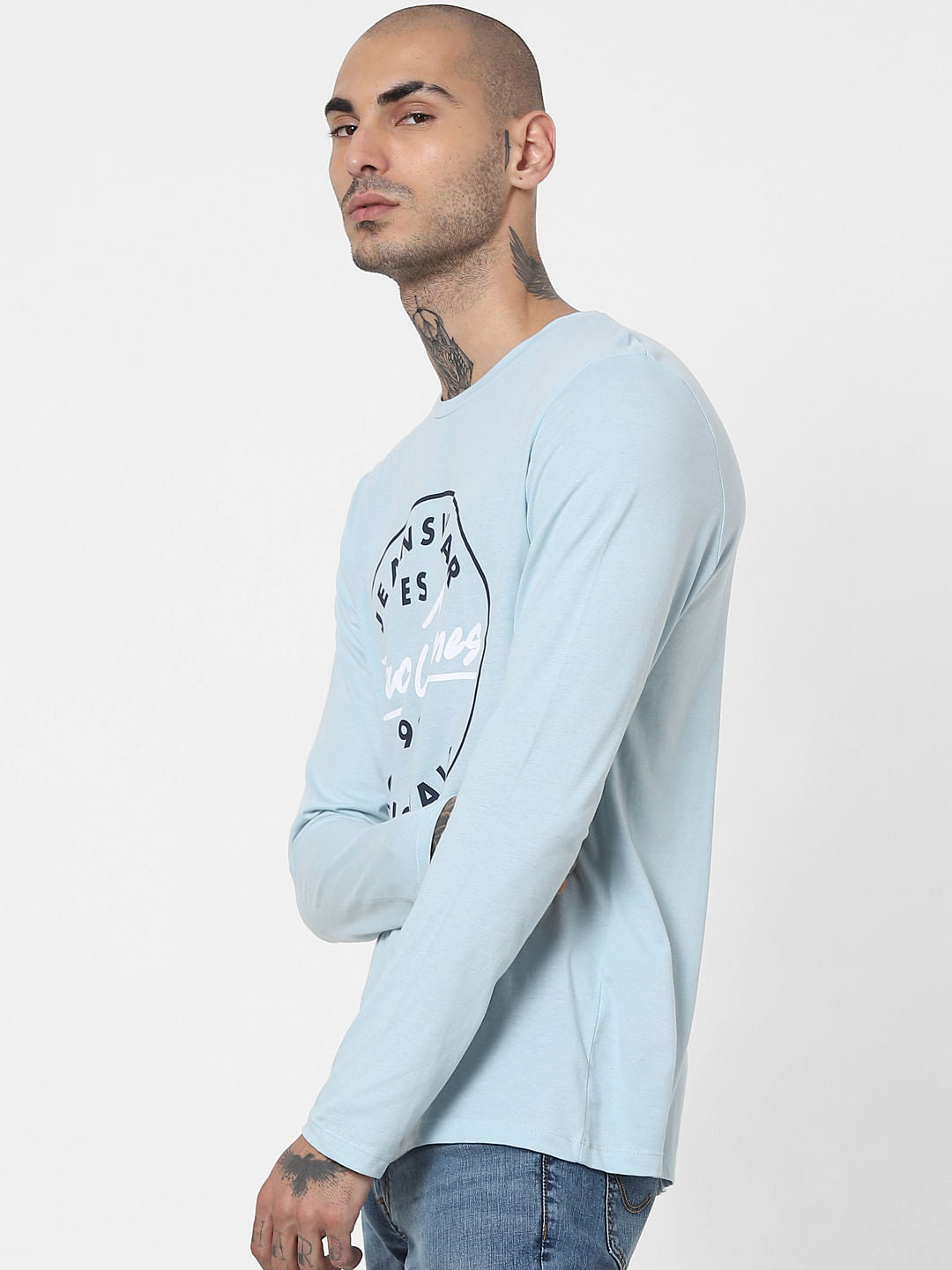 Light Blue Logo Print Full Sleeves Crew Neck T-shirt