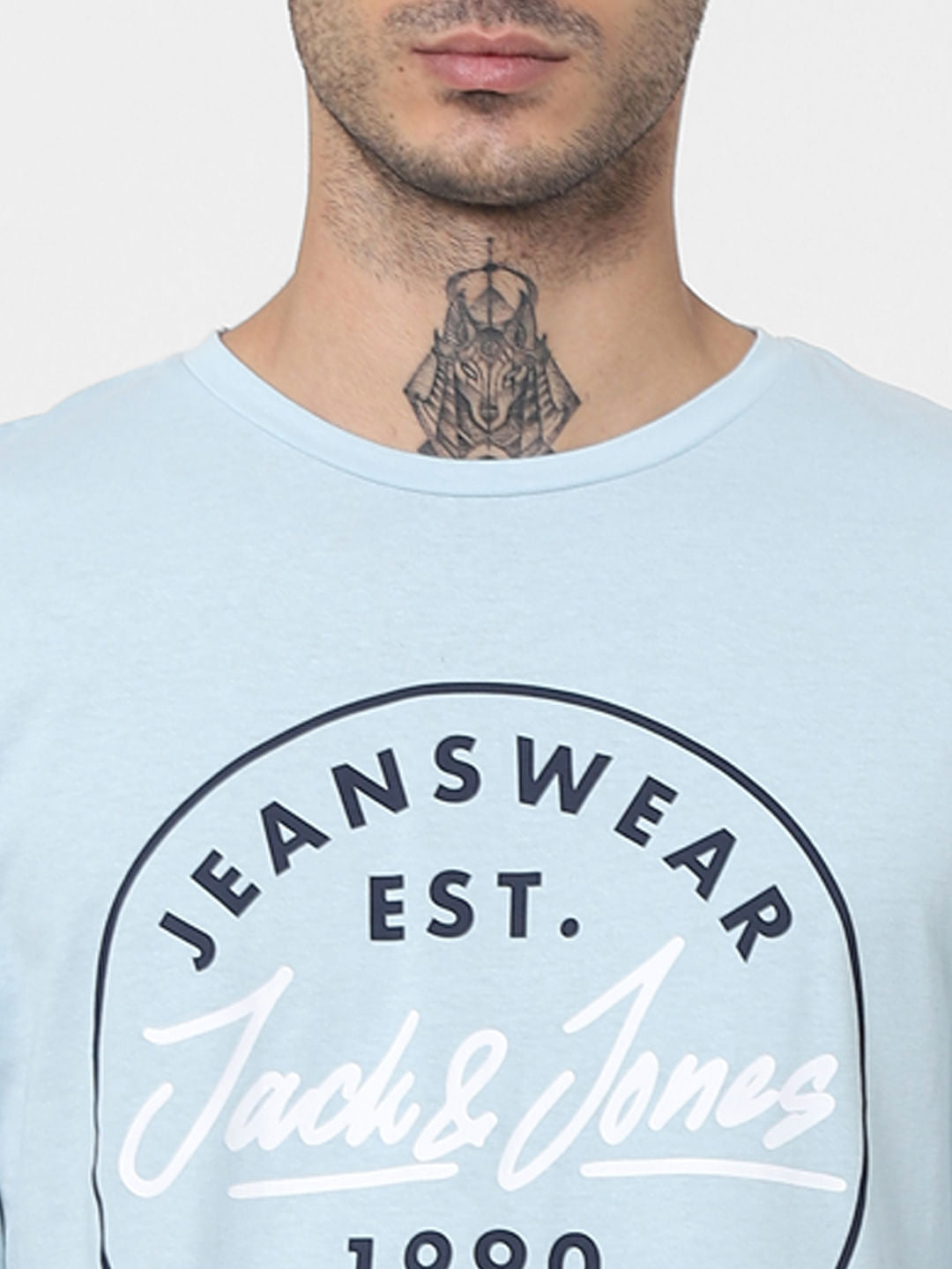 Light Blue Logo Print Full Sleeves Crew Neck T-shirt