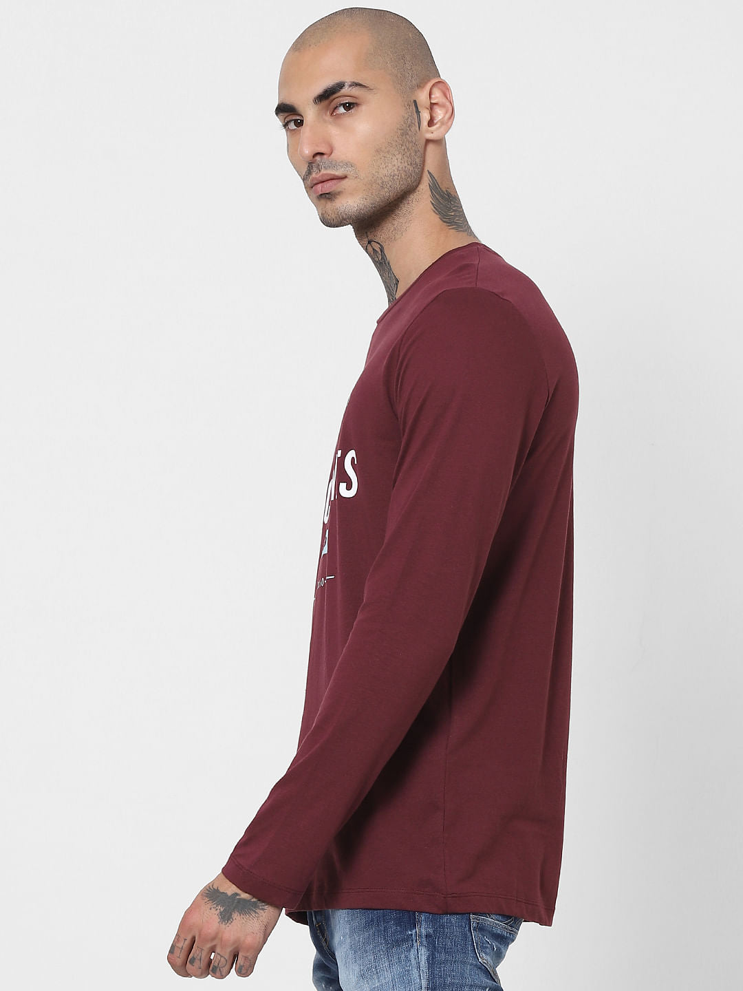 Maroon Logo Print Full Sleeves Crew Neck T-shirt