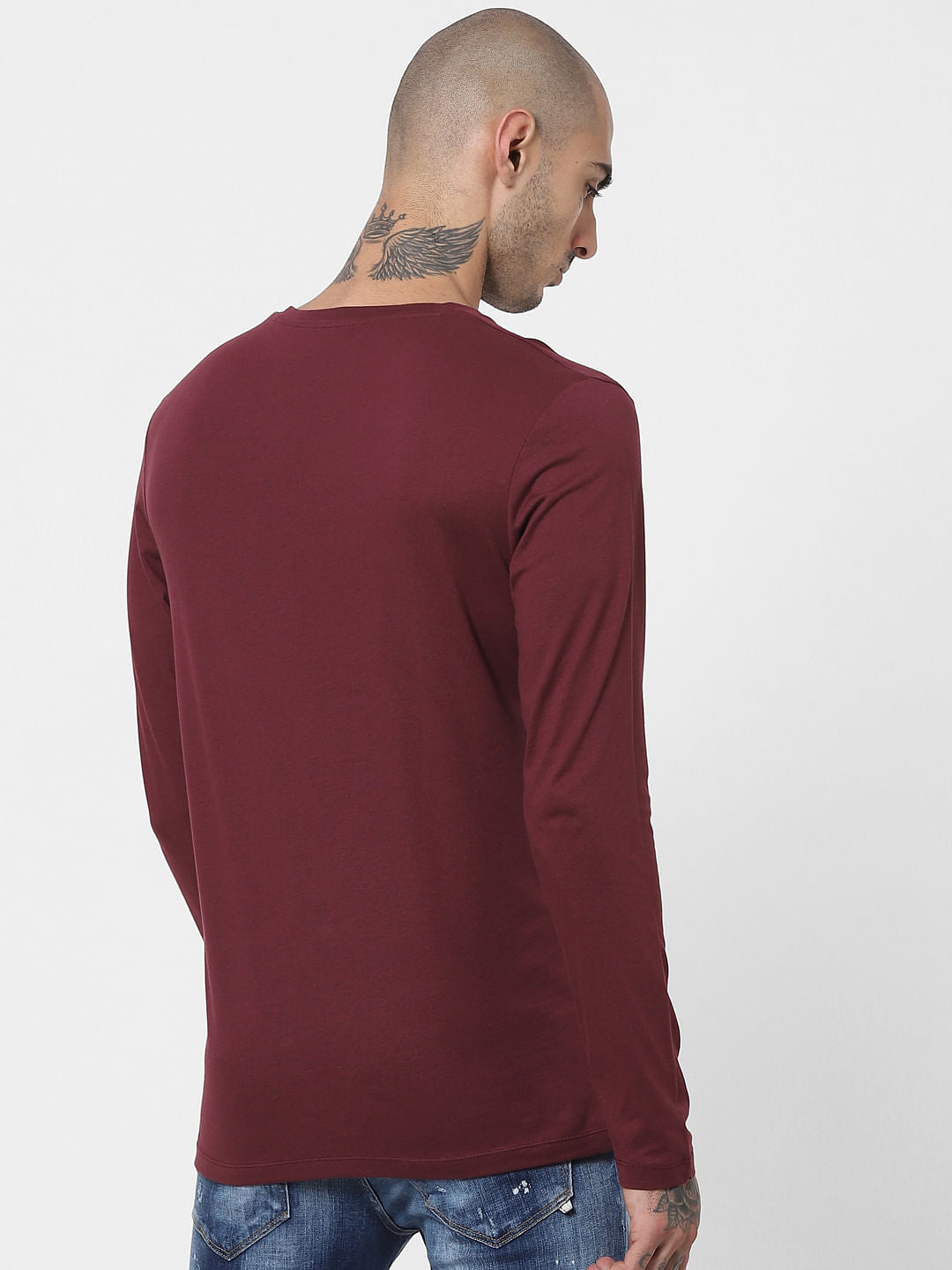 Maroon Logo Print Full Sleeves Crew Neck T-shirt