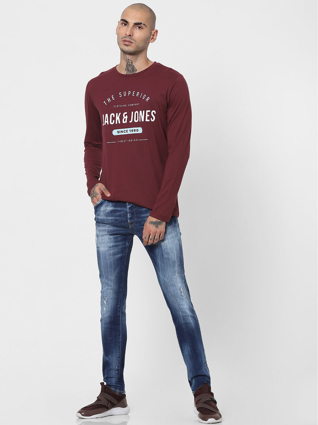 Maroon Logo Print Full Sleeves Crew Neck T-shirt
